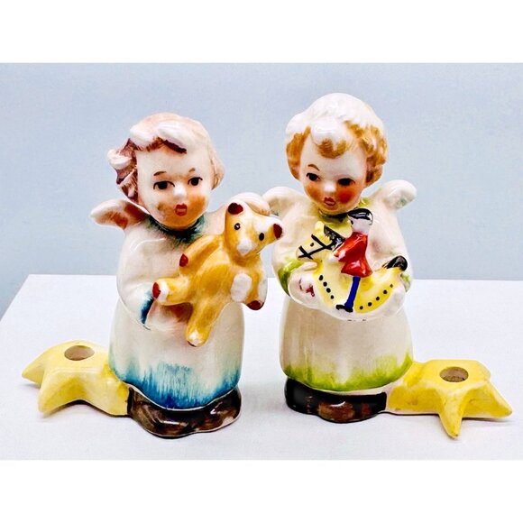 Vintage Goebel Angel Candle Holder Teddy Bear Rocking Horse Lot of 2 - Picture 1 of 11